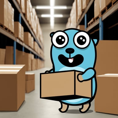 Go Blue Gopher in a warehouse holding a box.
