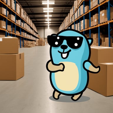 Go Blue Gopher in a warehouse holding a box.