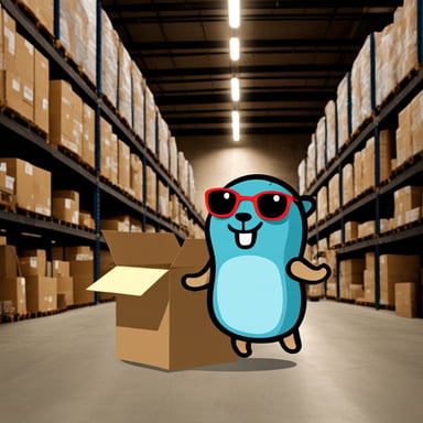 Go Blue Gopher in a warehouse holding a box.