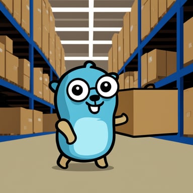 Go Blue Gopher in a warehouse holding a box.