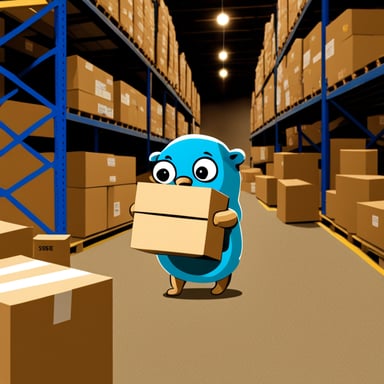 Go Blue Gopher in a warehouse holding a box.
