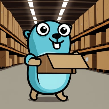 Go Blue Gopher in a warehouse holding a box.