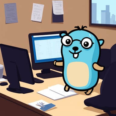 Go Blue Gopher coding in the office.