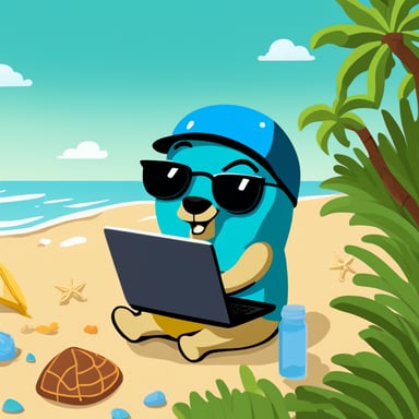 Go Blue Gopher with a laptop coding at the beach.