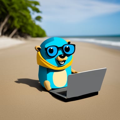 Go Blue Gopher with a laptop coding at the beach.