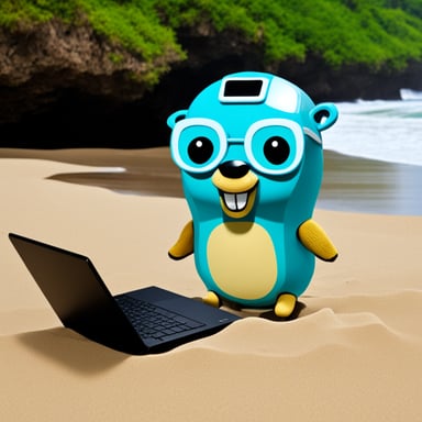 Go Blue Gopher with a laptop coding at the beach.