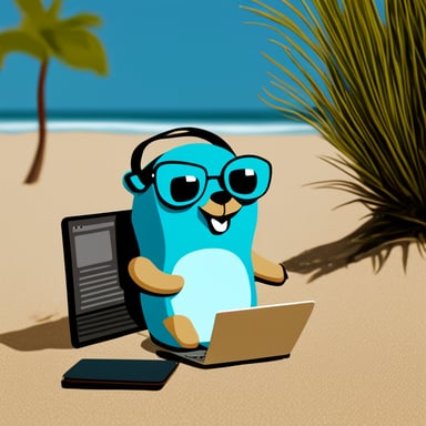 Go Blue Gopher with a laptop coding at the beach.