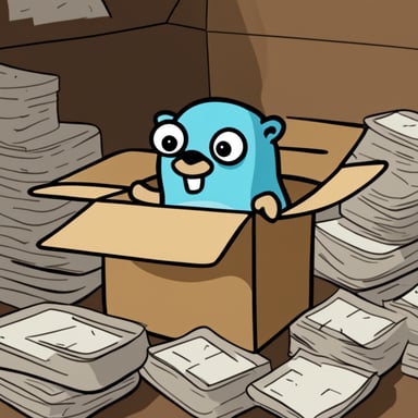 A go blue gopher searching something in a box full of paper scripts.