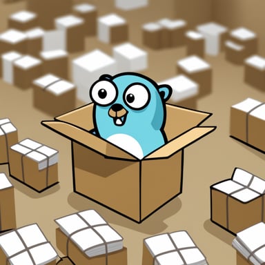 A go blue gopher searching something in a box full of paper scripts.