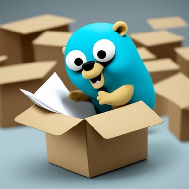 A go blue gopher searching something in a box full of paper scripts.
