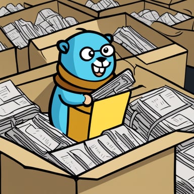 A go blue gopher searching something in a box full of paper scripts.