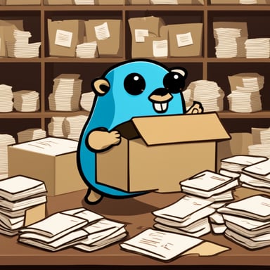 A go blue gopher searches through a box full of paper scripts with an AsyncAPI logo.