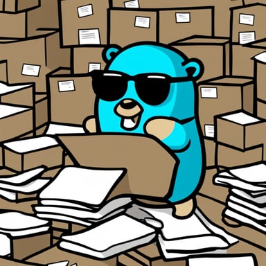 A go blue gopher searches through a box full of paper scripts with an AsyncAPI logo.
