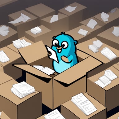 A go blue gopher searches through a box full of paper scripts with an AsyncAPI logo.