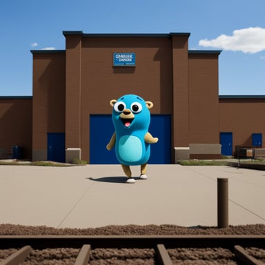 Go Blue Gopher accepts applications, standing in a stall, and behind the factory.