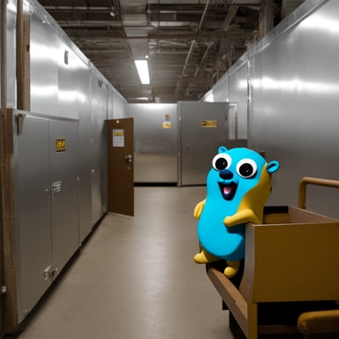 Go Blue Gopher accepts applications, standing in a stall, and behind the factory.