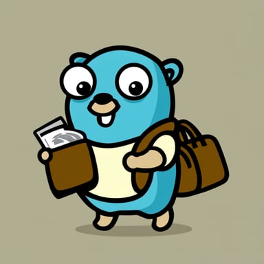Go Blue Gopher carrying a tote bag, handing out code snippets.