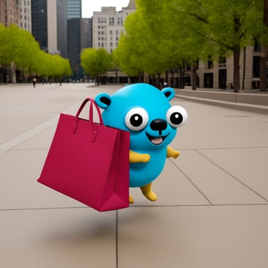Go Blue Gopher carrying a tote bag, handing out code snippets.