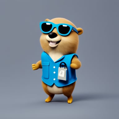 A gopher named Go Blue Gopher carrying a tote bag, in front of a blank background. The tote bag has code snippets sticking out of it.
