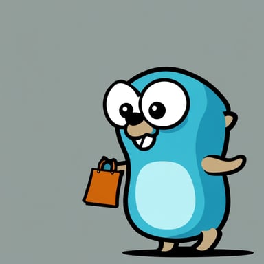 A gopher named Go Blue Gopher carrying a tote bag, in front of a blank background. The tote bag has code snippets sticking out of it.