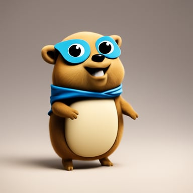 A gopher named Go Blue Gopher carrying a tote bag, in front of a blank background. The tote bag has code snippets sticking out of it.