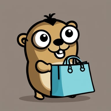 A gopher named Go Blue Gopher carrying a tote bag, in front of a blank background. The tote bag has code snippets sticking out of it.
