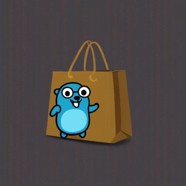 A Go Blue Gopher carrying a tote bag, in front of a blank background, with little bits of binary strings sticking out of it.