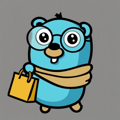 A Go Blue Gopher carrying a tote bag, in front of a blank background, with little bits of binary strings sticking out of it.