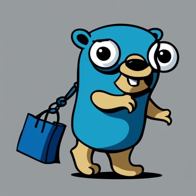 A Go Blue Gopher carrying a tote bag, in front of a blank background, with little bits of binary strings sticking out of it.