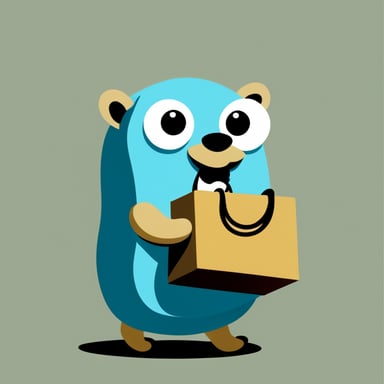A Go Blue Gopher carrying a tote bag, in front of a blank background, with little bits of binary strings sticking out of it.