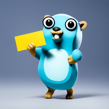 A Go Blue Gopher carrying a tote bag over its shoulder, in front of a flat, blank background, is handing out a piece of paper.