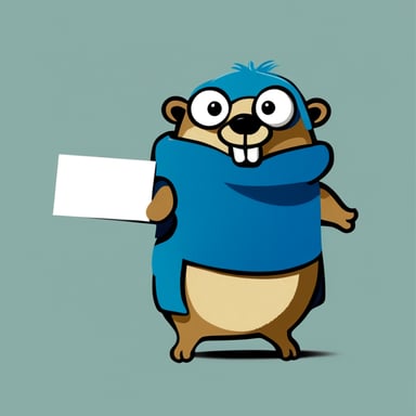 A Go Blue Gopher carrying a tote bag over its shoulder, in front of a flat, blank background, is handing out a piece of paper.