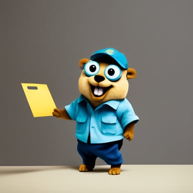 A Go Blue Gopher carrying a tote bag over its shoulder, in front of a flat, blank background, is handing out a piece of paper.