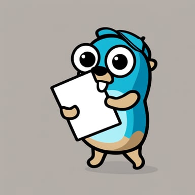 A Go Blue Gopher carrying a tote bag over its shoulder, in front of a flat, blank background, is handing out a piece of paper.