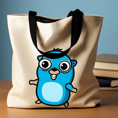 A tote bag in front of a blank background. The tote bag has Go Blue Gopher on it.