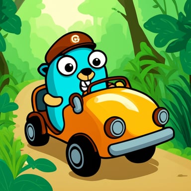 Go Blue Gopher rides car in jungle.