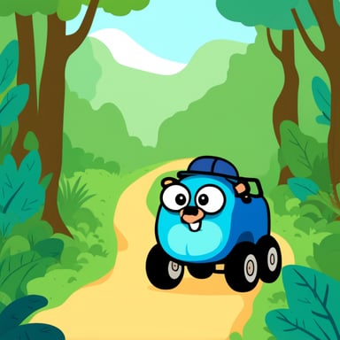 Go Blue Gopher rides car in jungle.