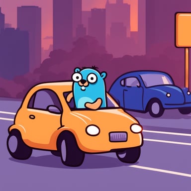 Go Blue Gopher in a car, stuck in a traffic jam at a block post.
