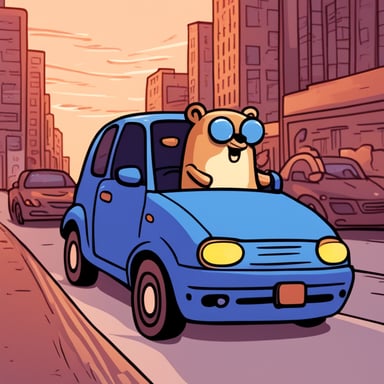 Go Blue Gopher in a car, stuck in a traffic jam at a block post.