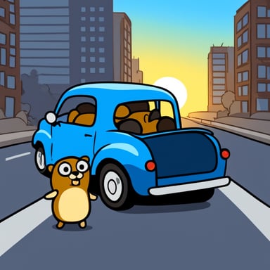 Go Blue Gopher in a car, stuck in a traffic jam at a block post.
