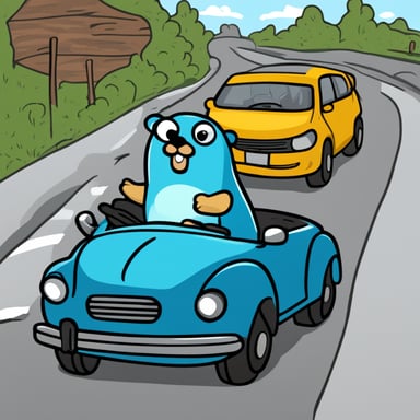 Go Blue Gopher in a car, stuck in a traffic jam at a block post.