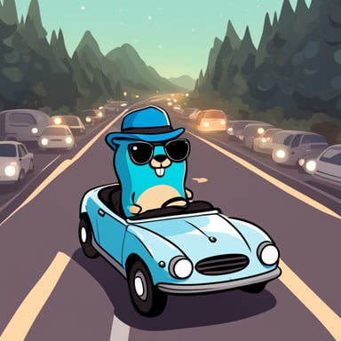 Go Blue Gopher in a car at a checkpoint, stuck in a traffic jam.