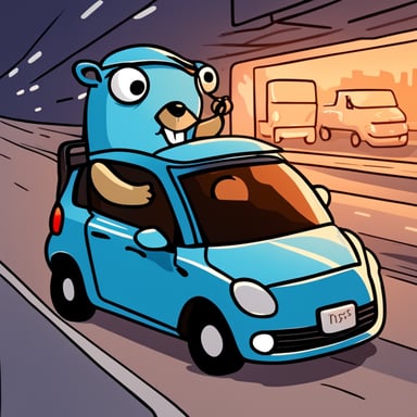 Go Blue Gopher in a car at a checkpoint, stuck in a traffic jam.