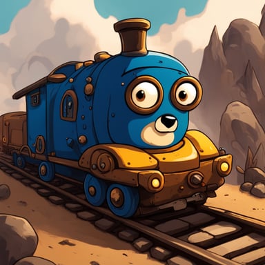 Go blue gopher in a fantastical train adventure, avoiding fire and mysterious skulls.