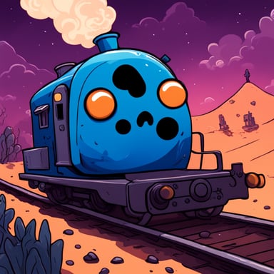 Go blue gopher in a fantastical train adventure, avoiding fire and mysterious skulls.