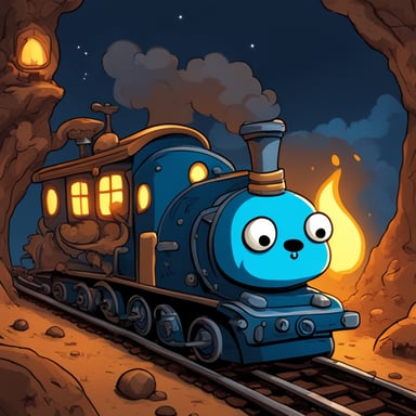 Go blue gopher in a fantastical train adventure, avoiding fire and mysterious skulls.