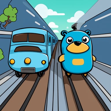 One go blue gopher in a car, another go blue gopher in a train, competition between them, with a ping background.