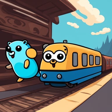 One go blue gopher in a car, another go blue gopher in a train, competition between them, with a ping background.