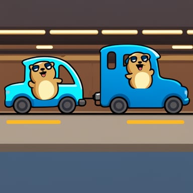 One go blue gopher in a car, another go blue gopher in a train, competition between them, with a ping background.