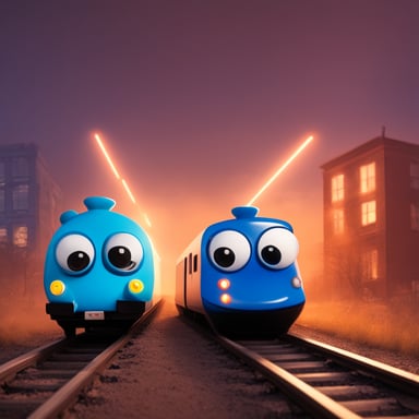 One go blue gopher in a car, another go blue gopher in a train, competition between them, with a ping background.